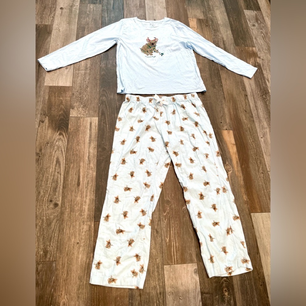 J Crew Pajama Set French Bulldogs Furry & Bright Frenchie Blue XL Top, L Bottom